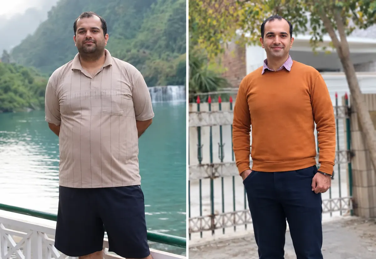 Before and after photos of a man in his thirties who lost weight around the waist