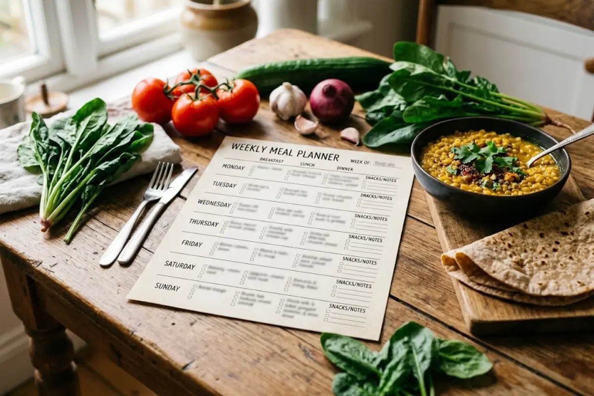 A weekly meal planner sheet on a table with tomatoes, spinach, a bowl of daal and chapati