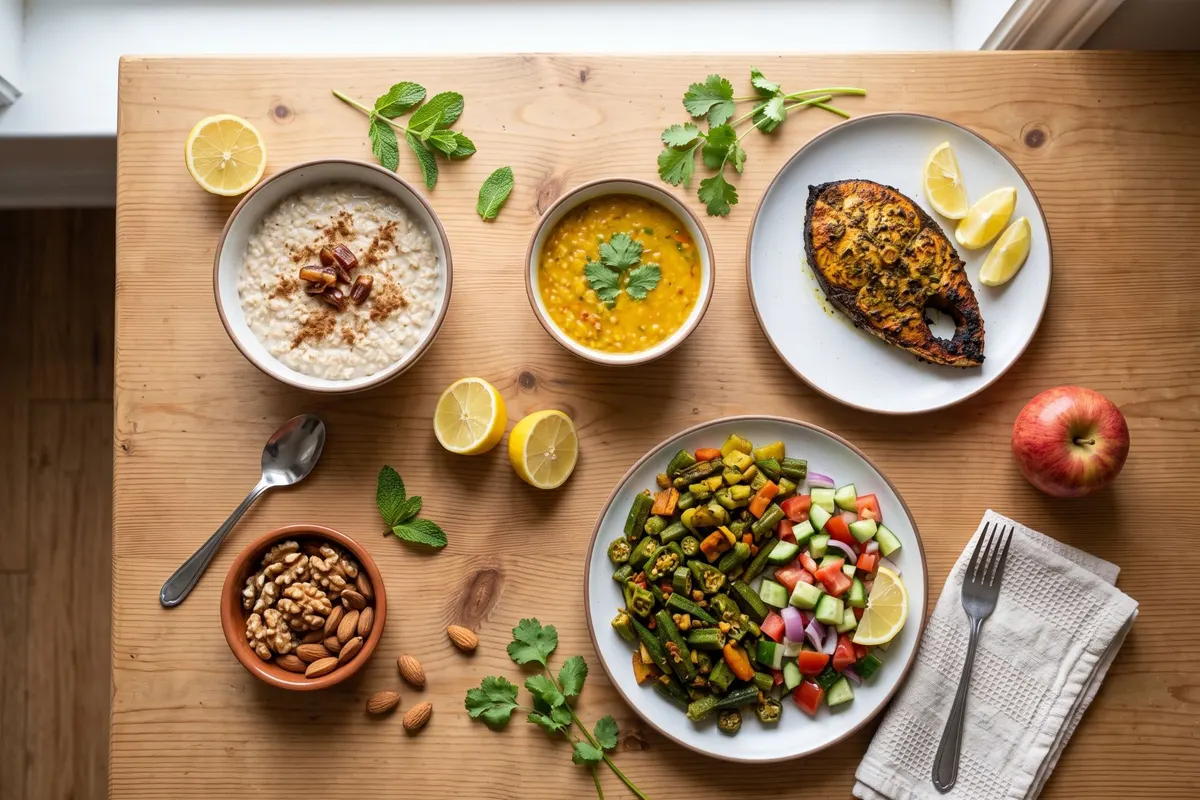Heart-healthy desi foods: oats, daal, baked fish, sabzi, walnuts and an apple
