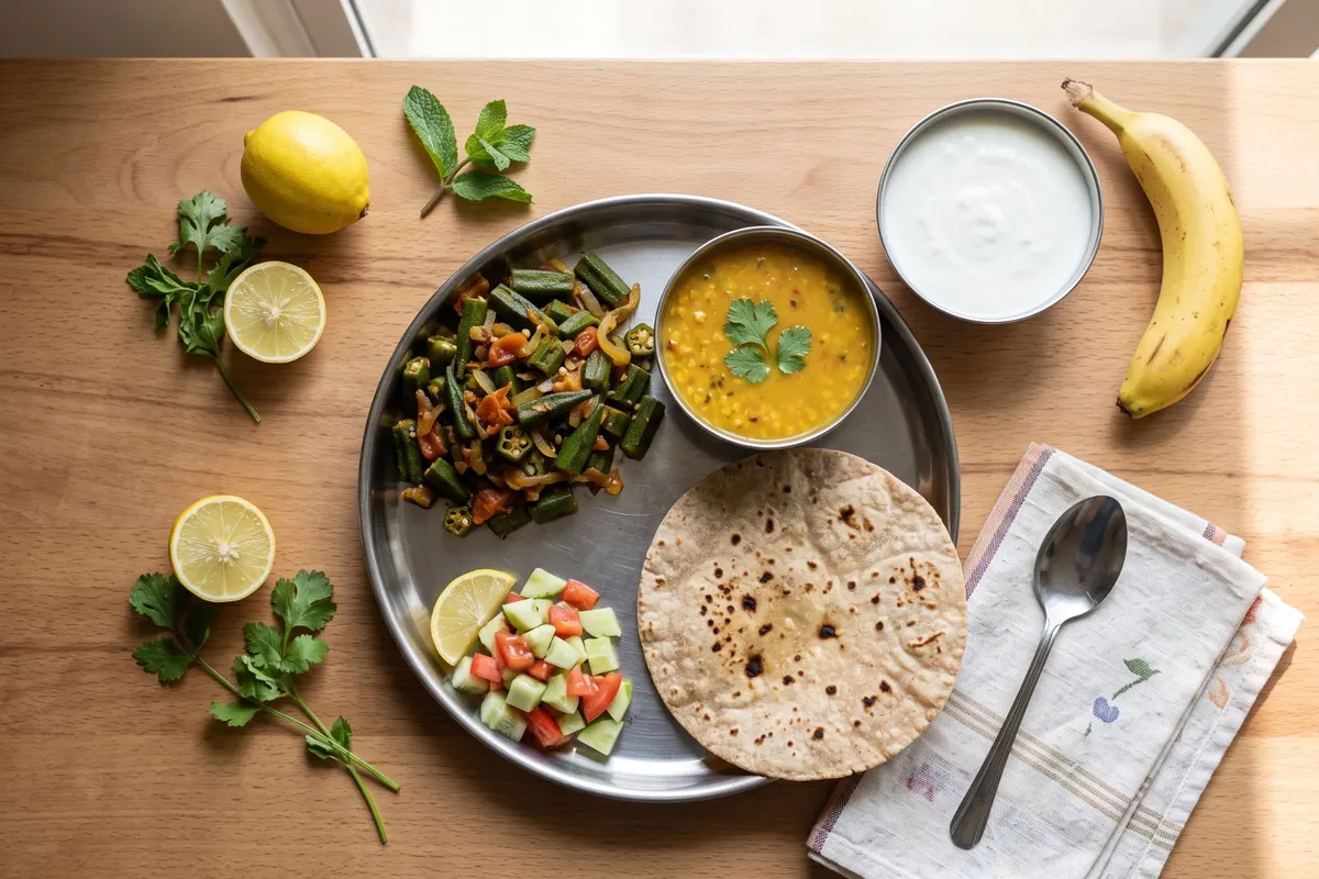 DASH-style desi meal: sabzi, daal, a chapati, salad, dahi and fruit with no added salt
