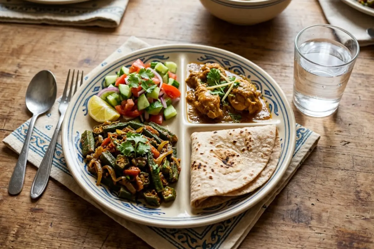 A divided plate with okra sabzi, kachumber salad, chicken salan and a folded chapati, with a glass of water