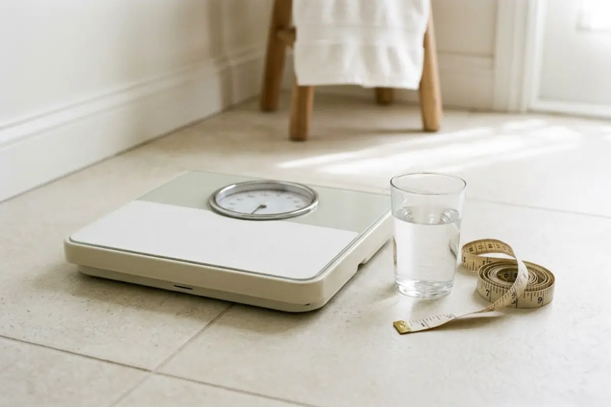 A bathroom weighing scale next to a glass of water and a measuring tape