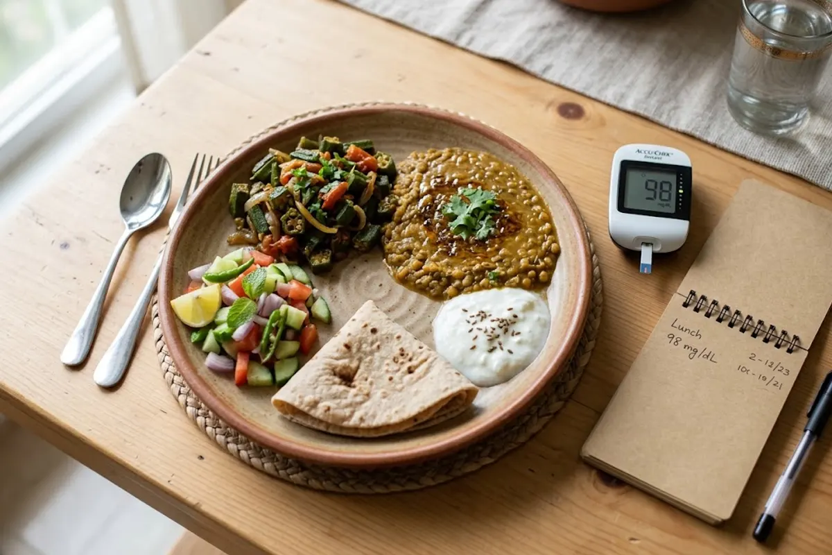 A balanced pregnancy meal for high sugar: sabzi, daal, one chapati, salad and dahi with a glucometer beside it