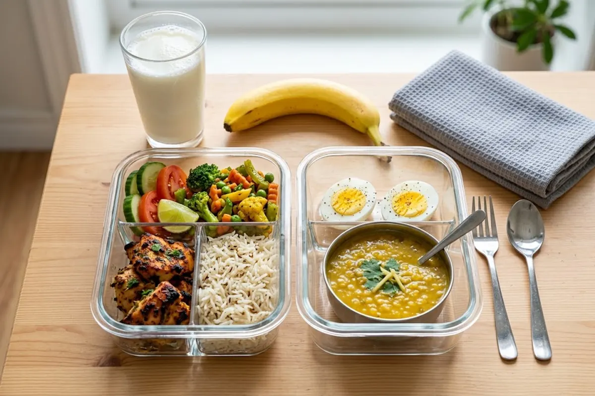 High-protein desi gym meal: chicken, boiled eggs, rice, daal and a glass of milk