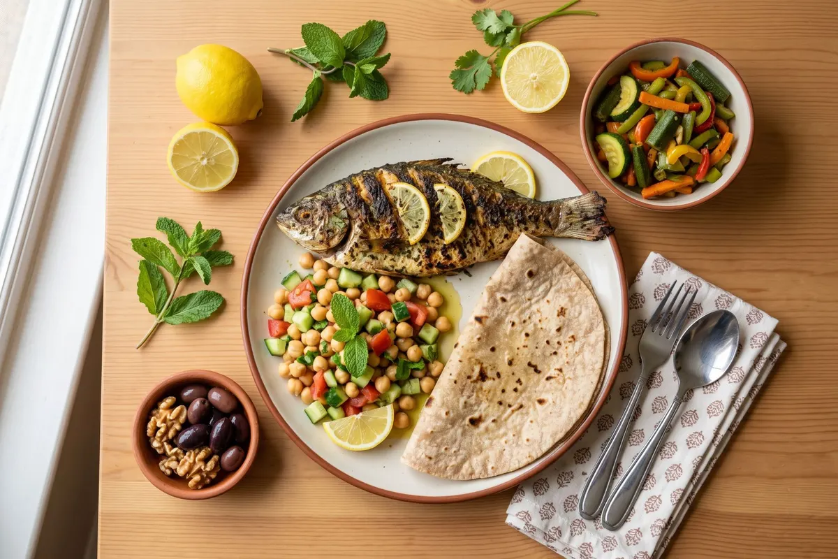 Mediterranean-style meal with Pakistani ingredients: grilled fish, chana salad, olive oil, vegetables and a chapati