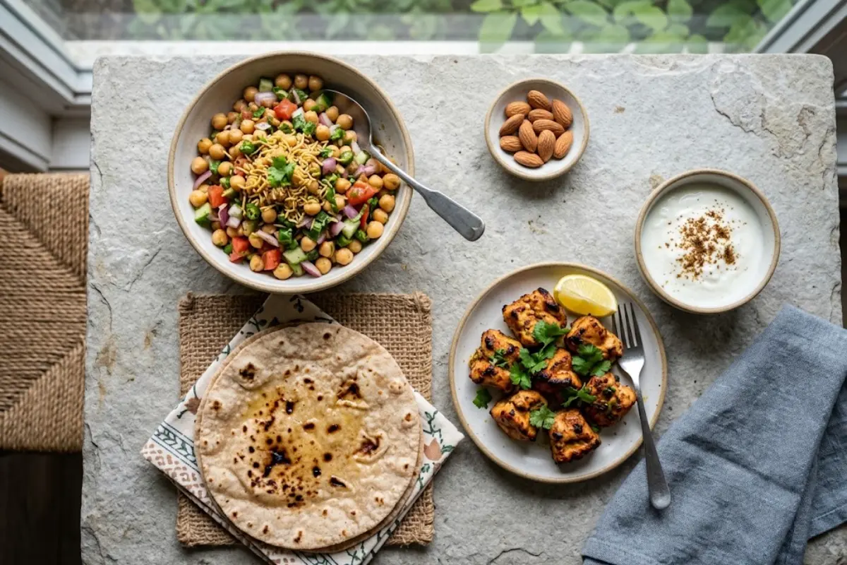 A PCOS-friendly Pakistani meal: chana salad, a whole-wheat chapati, grilled chicken and plain dahi