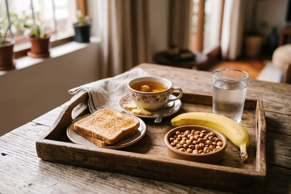Small light snacks for early pregnancy nausea: plain toast, ginger tea, a banana and roasted chanay