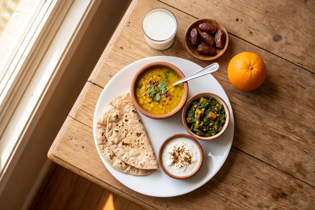 A pregnancy-friendly Pakistani meal: daal, spinach sabzi, chapati, dahi, a glass of milk and fruit