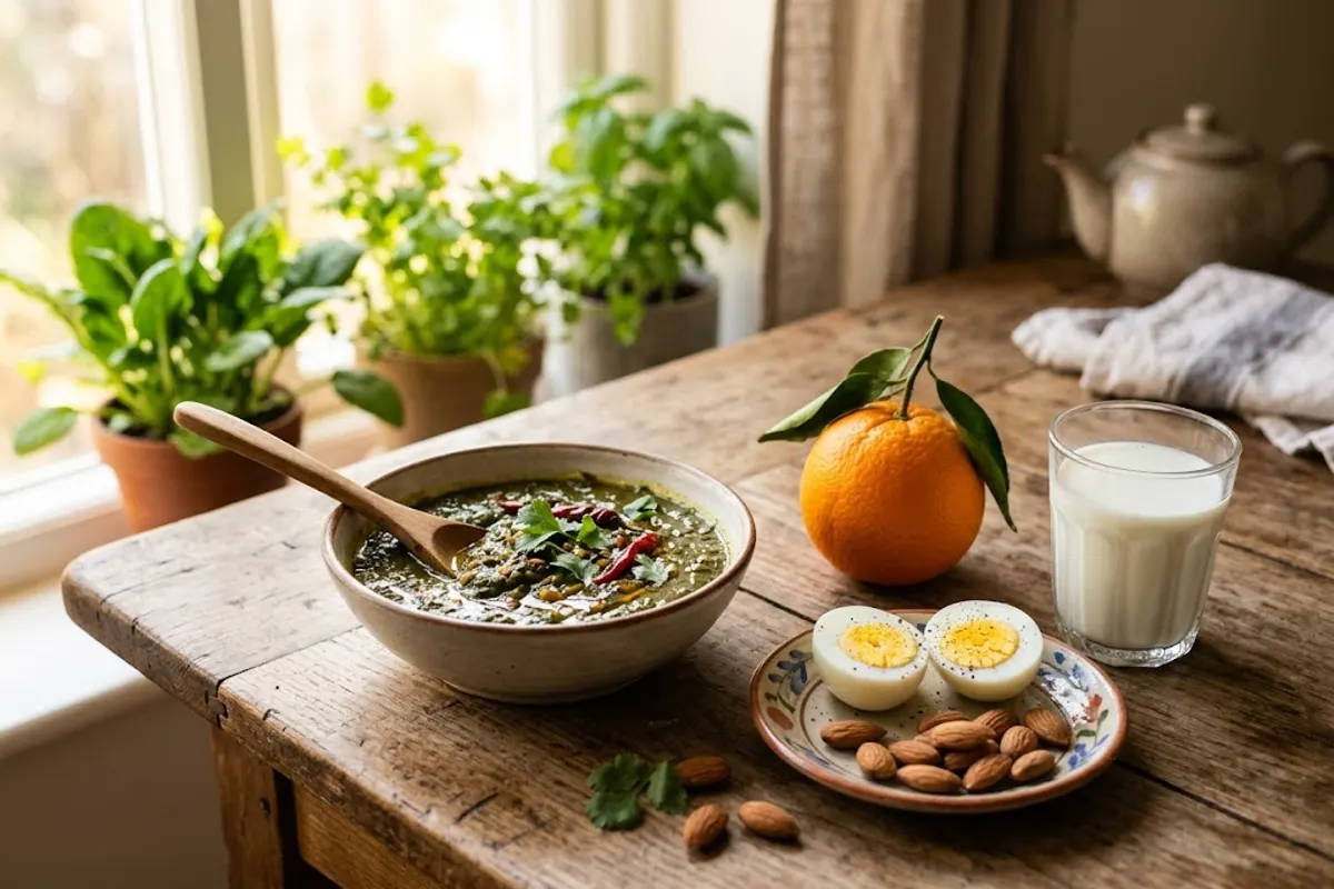 Iron and calcium rich foods: palak, daal, boiled eggs, milk and an orange