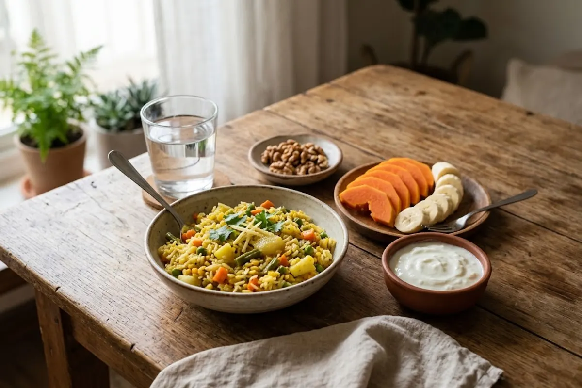 Small frequent meals for late pregnancy: khichdi, dahi, fruit, nuts and water