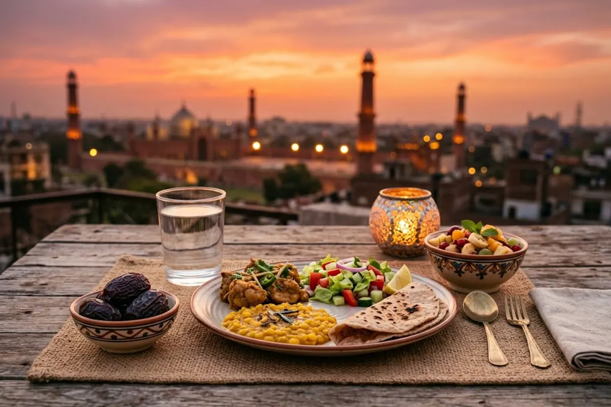 A balanced iftar plate with dates, water, daal, chicken and salad