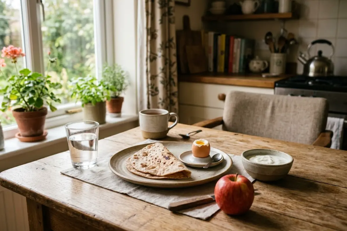 A balanced Pakistani breakfast with an egg, a whole-wheat chapati and fruit, next to a glass of water