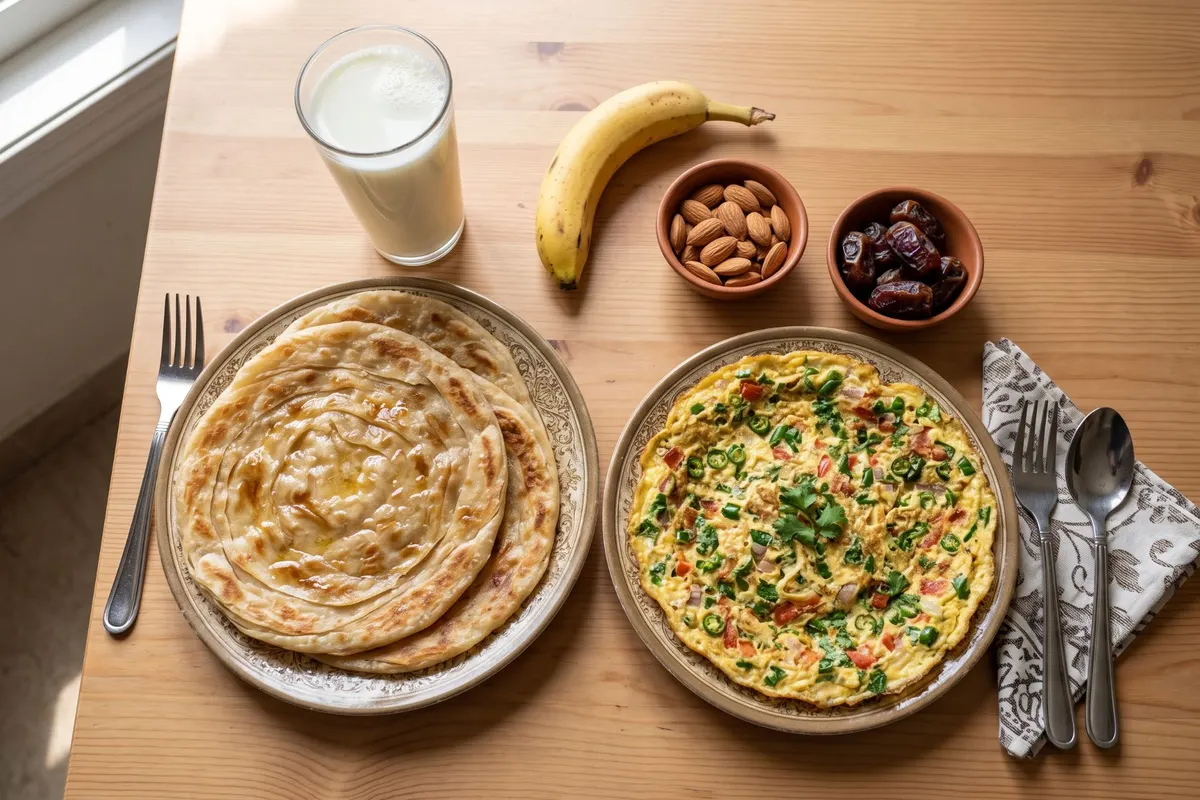 Calorie-rich desi meal for healthy weight gain: paratha, eggs, milk, banana and nuts
