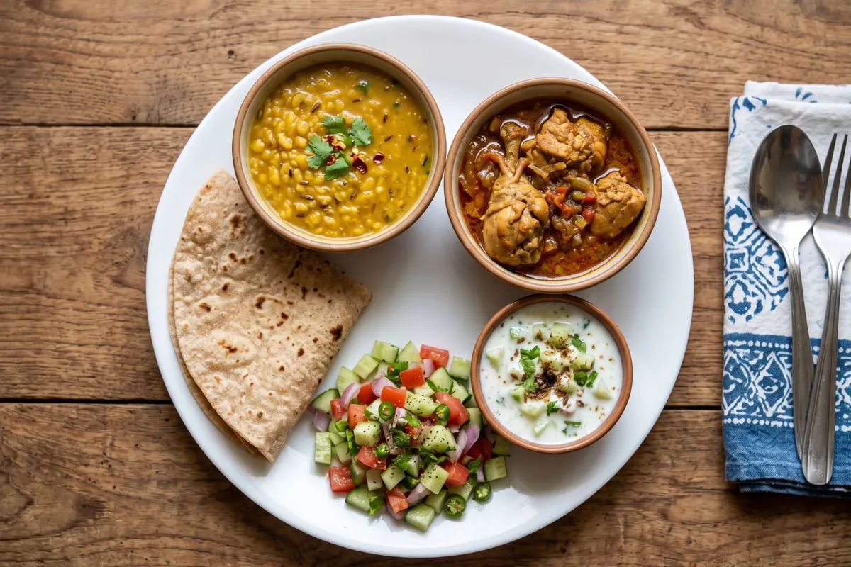 A balanced Pakistani lunch plate: one chapati, daal, chicken salan, salad and raita