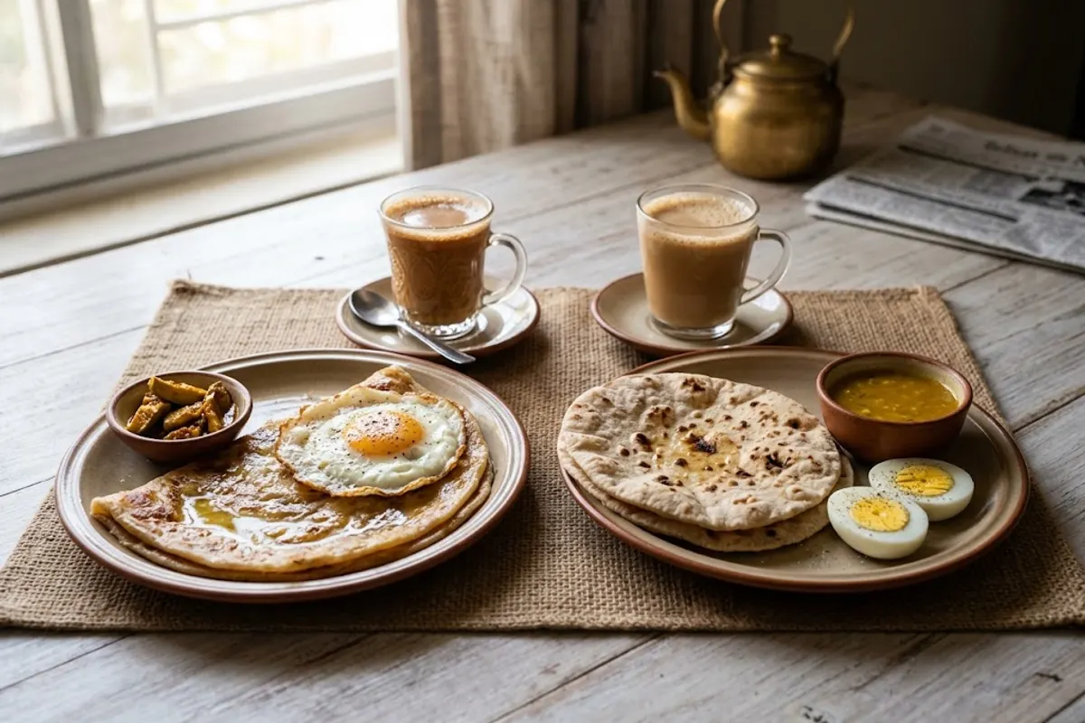 Side by side: a paratha with fried egg versus a chapati with boiled egg